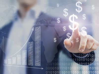 A hand touching a dollar sign among graphics